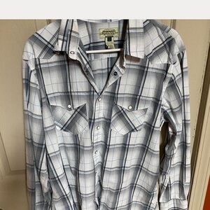 American Eagle Outfitters Men's White and Gray Plaid Button Down Shirt